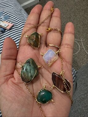 Gold Wire-Wrapped Multistone Pendant Necklace - Green, Brown, Opalescent